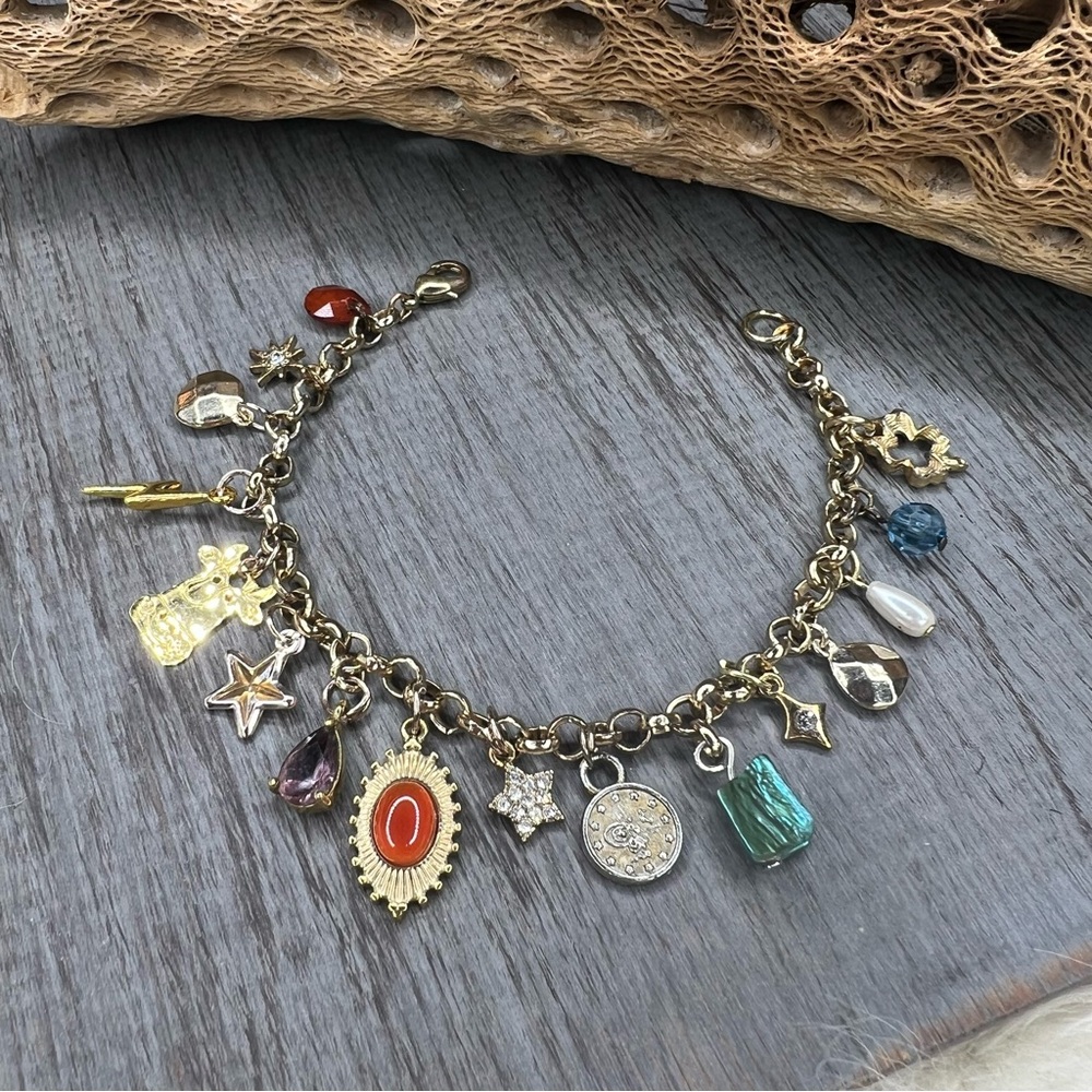 Handmade Gold Tone Charm Bracelet with Multicolor Accent Charms
